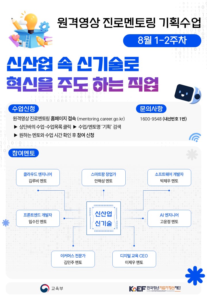 원격영상 진로멘토링 기획수업 8월 1 2주차 신산업 속 신기술로 혁신을 주도하는 직업 수업신청 원격영상 진로멘토링 홈페이지 접속 상단바의 수업 수업목록 클릭 수업 멘토명 기획 검색 원하는 멘토와 수업 시간 확인 후 참여 신청 문의사항 1600 9548 내선번호 1번 참여멘토 클라우드 엔지니어 김루비 멘토 스마트팜 창업가 안해성 멘토 소프트웨어 개발자 박제우 멘토 프론트엔드 개발자 임수진 멘토 AI엔지니어 고윤정 멘토 이커머스 전문가 김민주 멘토 디지털 교육 CEO 이제우 멘토 교육부 한국청년기업가정신재단