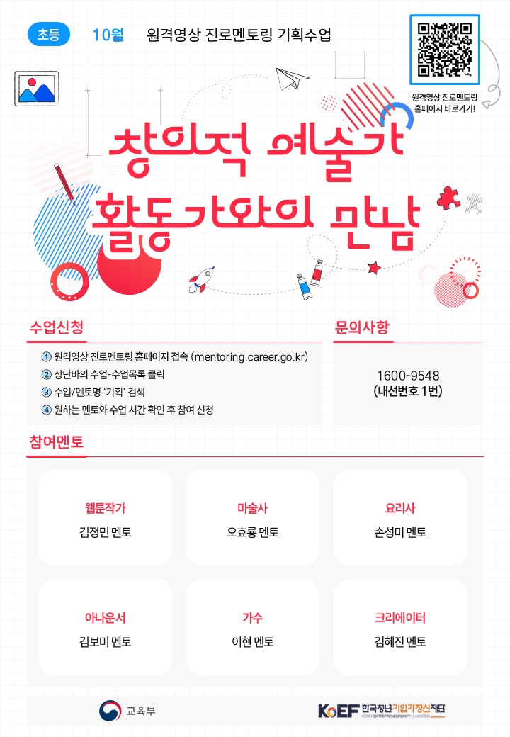 초등 10월 원격영상 진로멘토링 기획수업 창의적 예술가 활동가와의 만남 수업신청 원격영상 진로멘토링 홈페이지 접속 상단바의 수업 수업목록 클릭 수업 멘토명 기획 검색 원하는 멘토와 수업 시간 확인 후 참여 신청 문의사항 1600 9548 내선번호 1번 참여멘토 웹툰작가 김정민 멘토 마술사 오효룡 멘토 요리사 손성미 멘토 아나운서 김보미 멘토 가수 이현 멘토 크리에이터 김혜진 멘토 교육부 KoEF 한국청년기업가정신재단